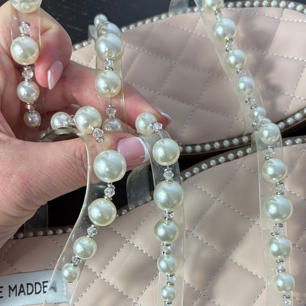Steve Madden Pink Pearl-Embellished Clear-Strap Sandals - Picture 6 of 9